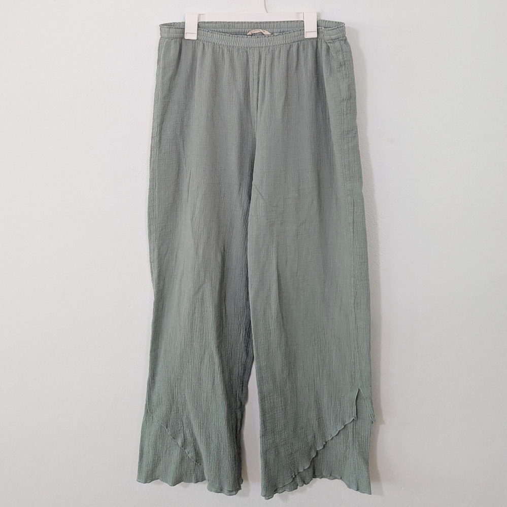 Soft Surroundings La Marche Gauze Cotton Straight Leg Pants Tulip Hem Green TL